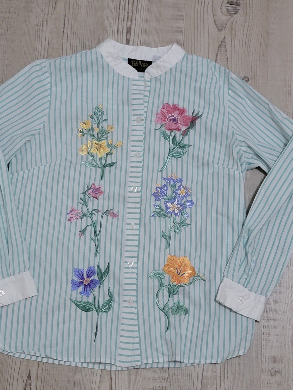 Bob Mackie Wearable Art Mint Green Striped Embroidered Floral Button-Front Shirt